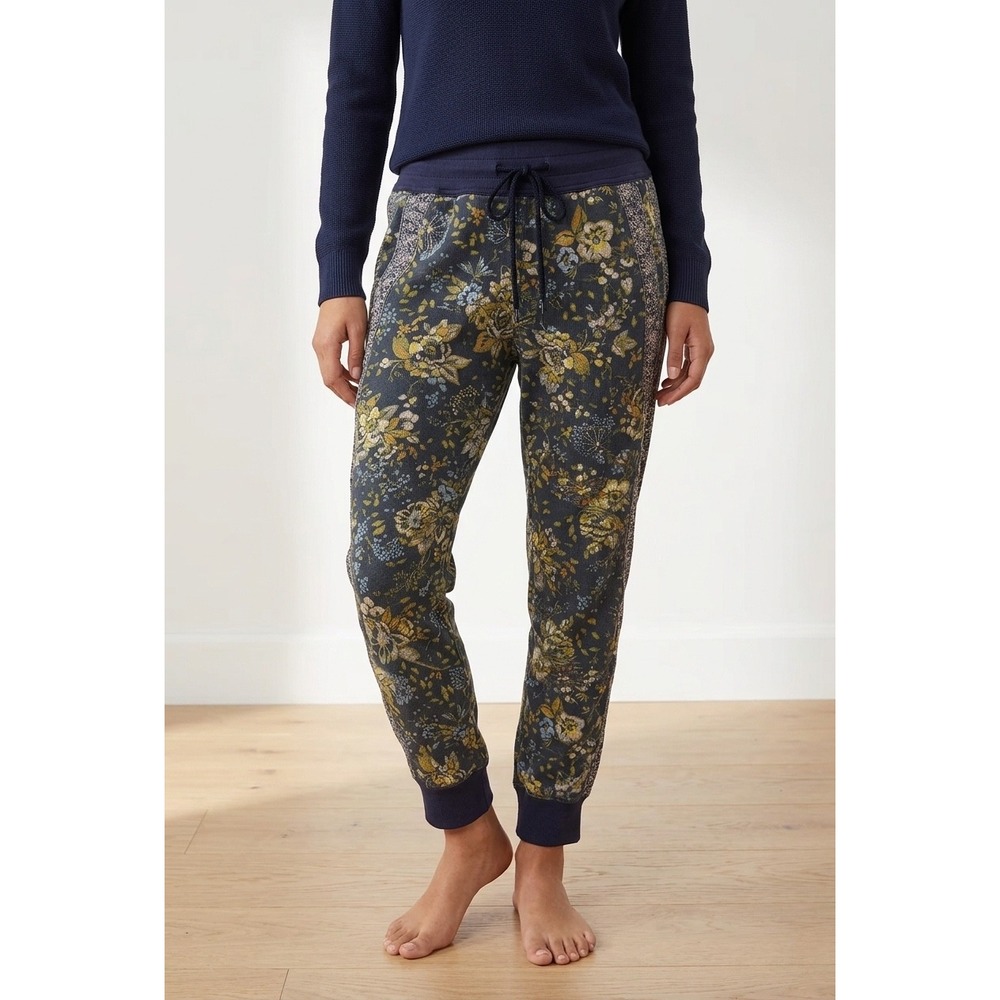 Anthropologie Floral Print Jogger Pants Drawstring Navy Blue XS Boho Cottagecore
